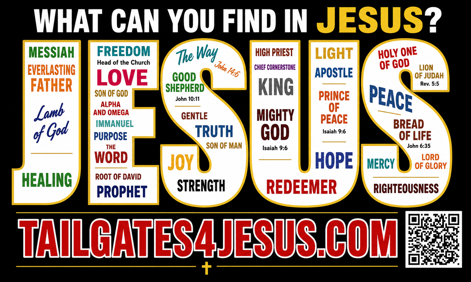 Words at the top display "What can you find in Jesus?". The name JESUS is displayed with huge letters and has of Him inside the letters. With the site "tailgates4Jesus listed below.