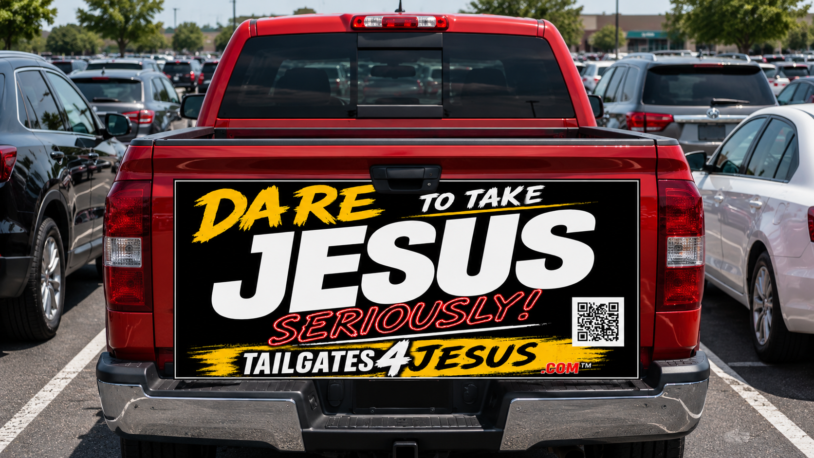 A truck with a sign attached and  the words, "Dare to take Jesus SERIOUSLY?"