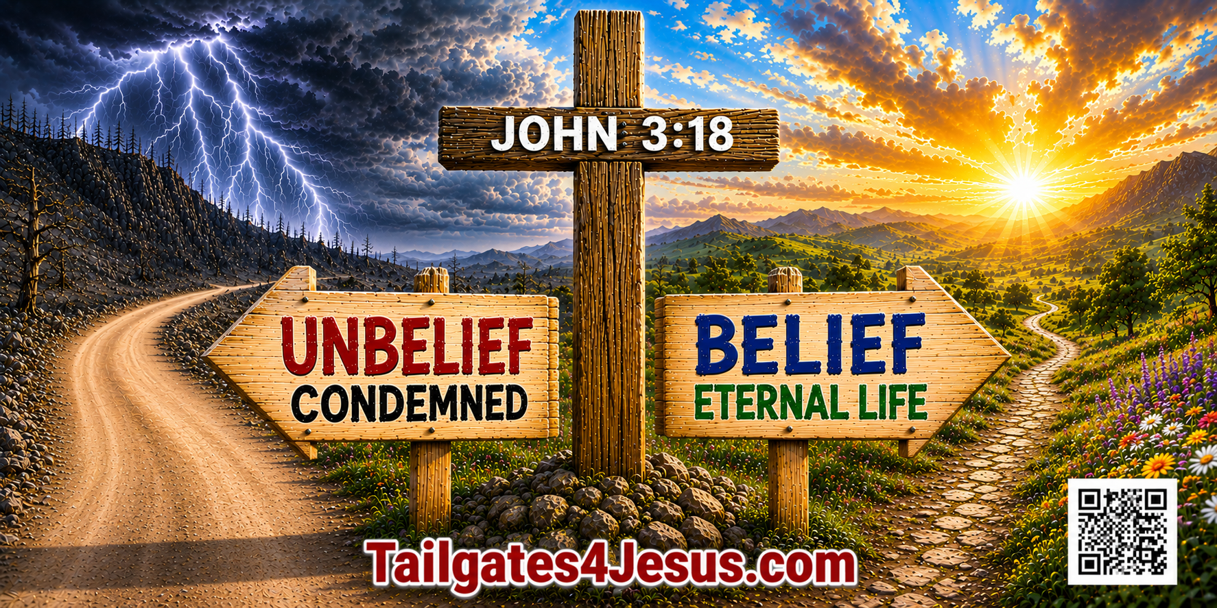 Two signs, one pointing toward the path of unbelief, the other towrds belief.